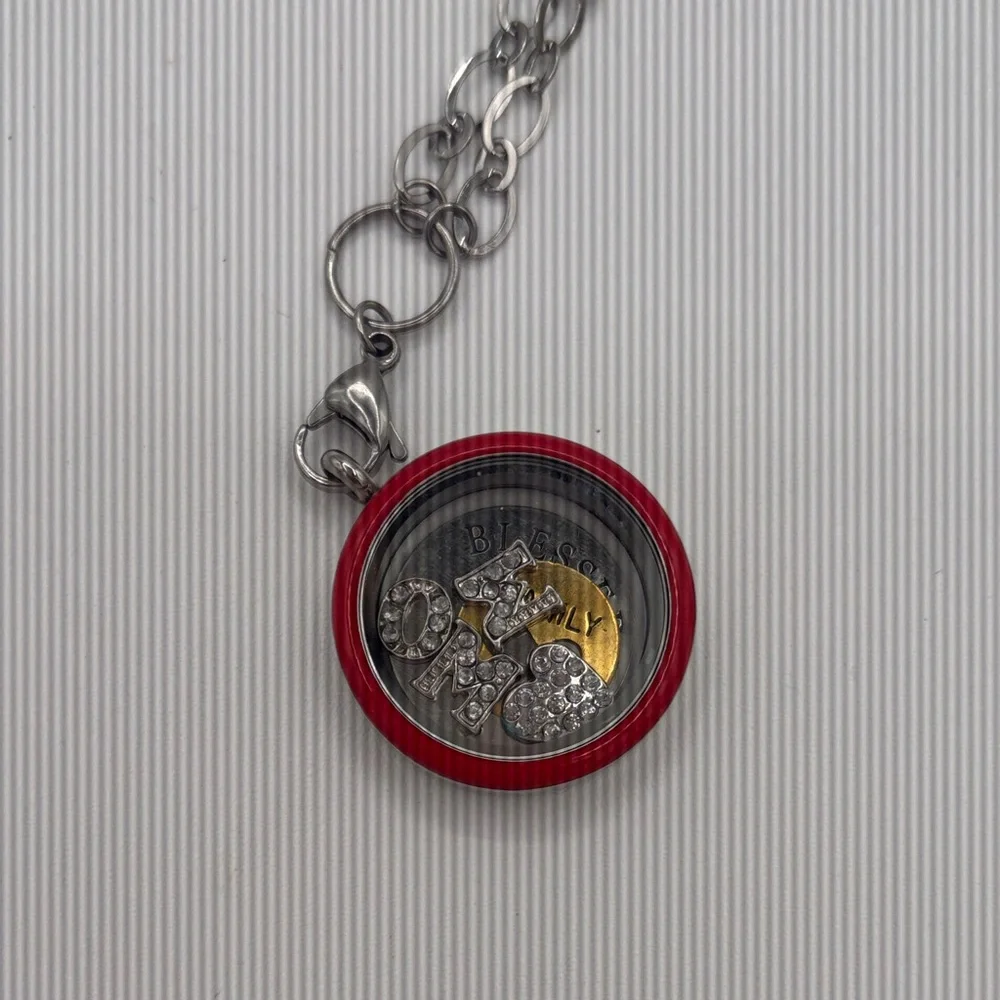 Elegant Silver Floating Locket MOM Hearts, Blessed, Family Long Pendant Necklace